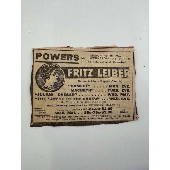Fritz Leiber Ticket Powers Matinee Cast Shakespeare American Mercury Antique - Picture 1 of 2